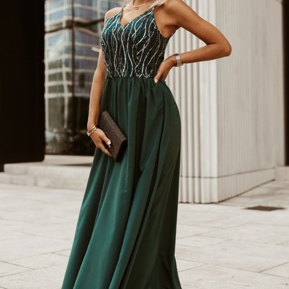 Green Sequin Lines Bodice High Waist Gown